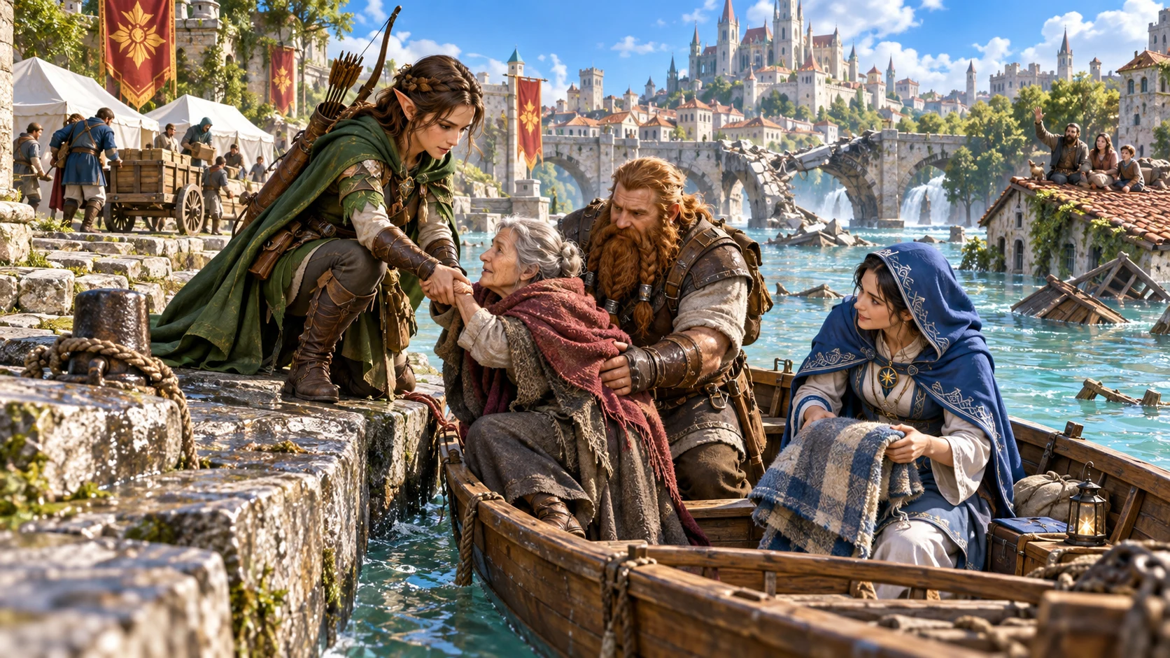 Illustrated adventurers help an older person from a rescue boat to safety beside a flooded city.