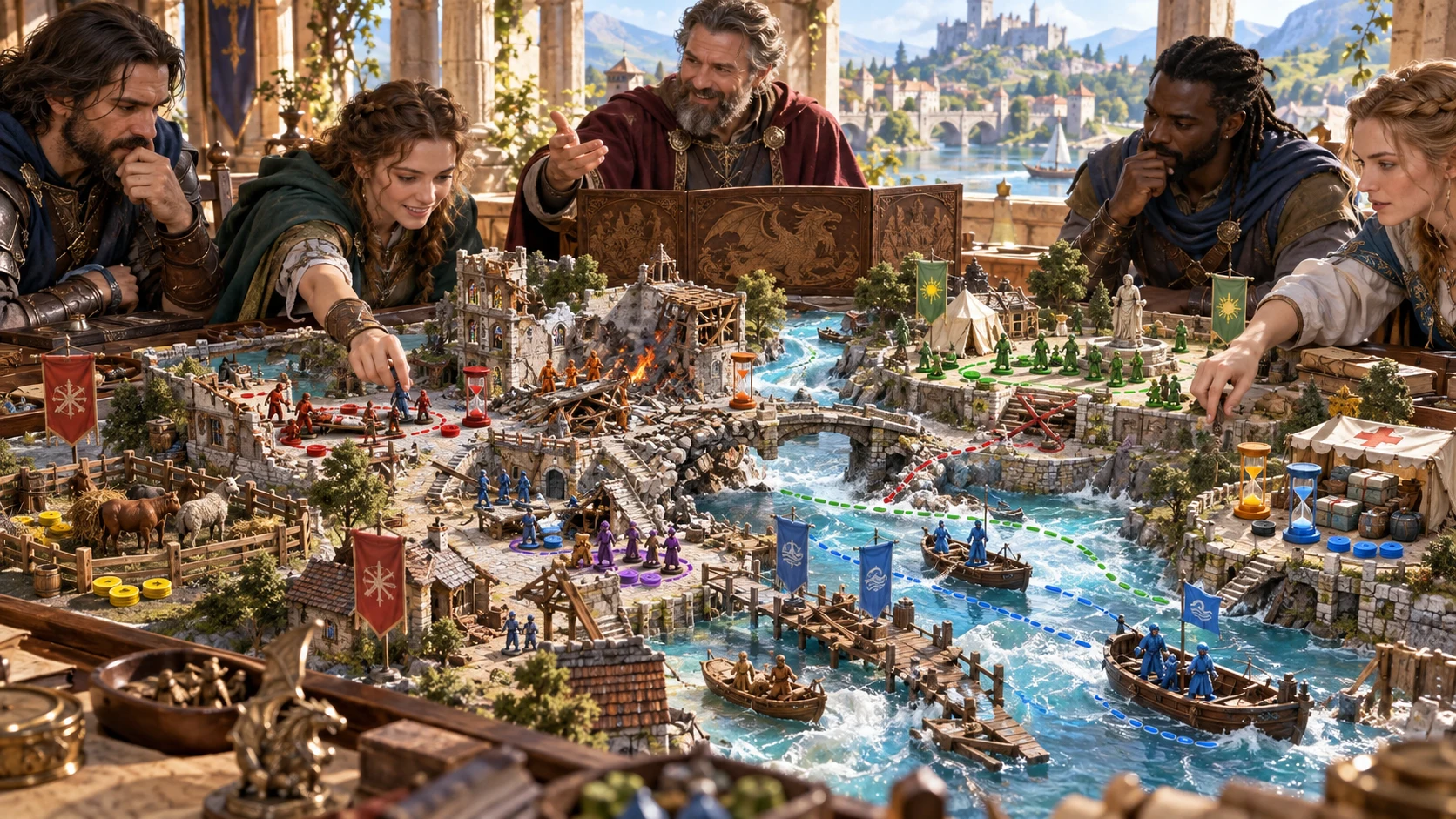 Illustrated players plan rescue targets, boat routes and safe areas on a detailed game table.